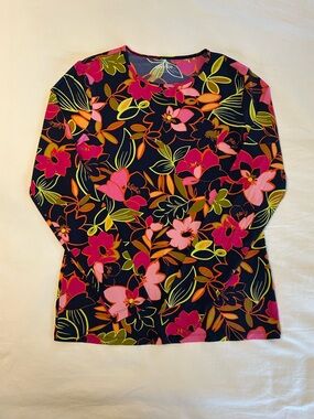 Land’s End Long Sleeve Rash Guard Navy Blue Floral Women Size M 10-12